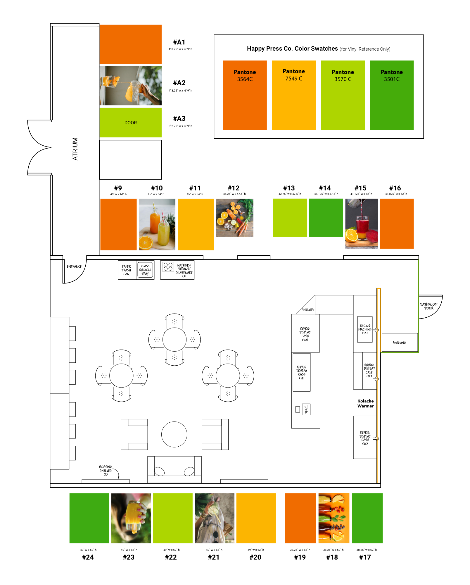 Happy Press Co. scaled floor plan with window wrap and fixture layout references